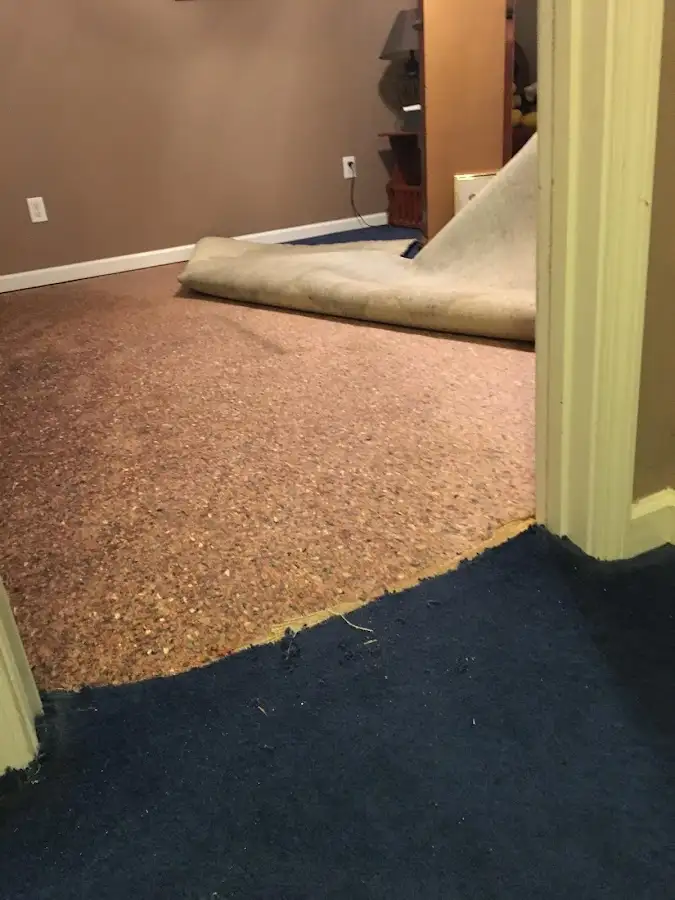 Carpet pad removal revealing water damage during Drying & Dehumidification in Niceville